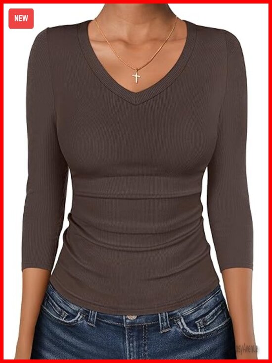 Tops - Women's Ribbed Knit V-Neck 3/4 Sleeve Slim Fit T-Shirt